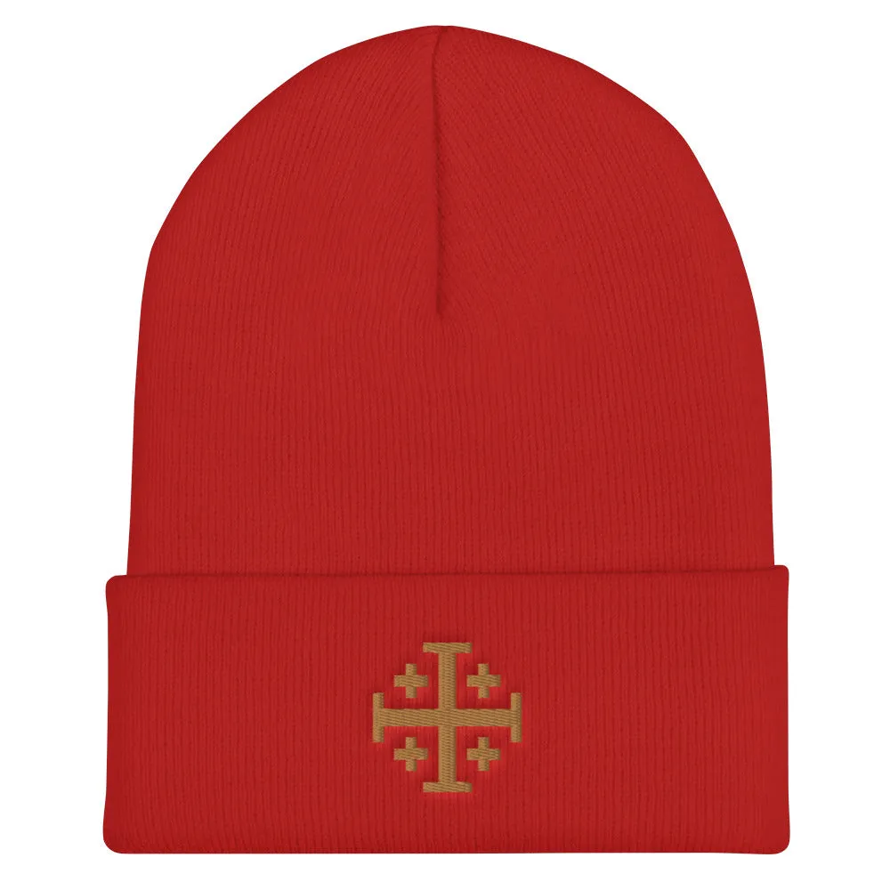 Gold Jerusalem Cross Cuffed Beanie