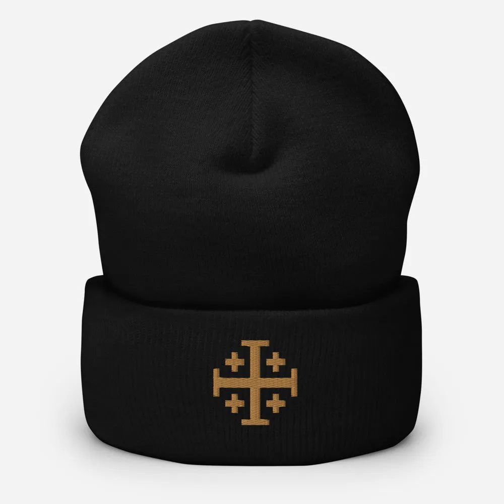 Gold Jerusalem Cross Cuffed Beanie