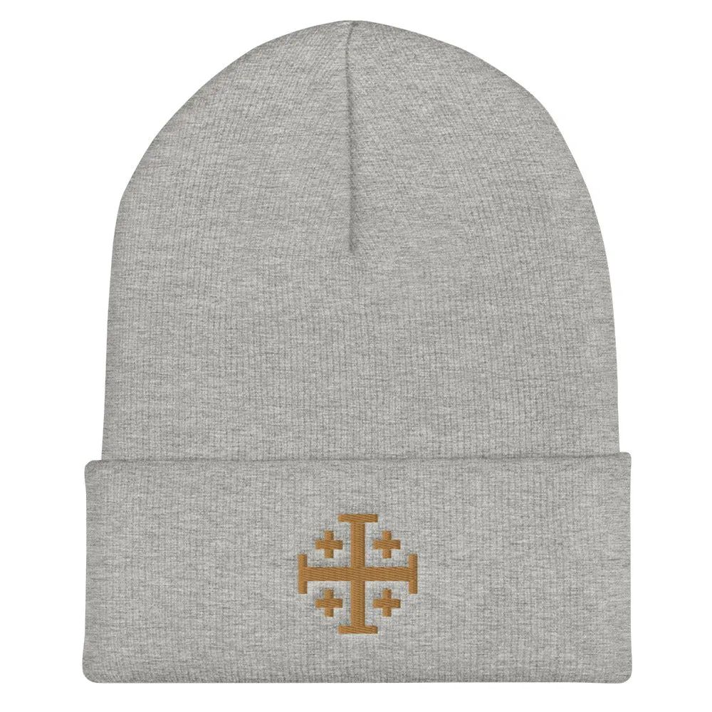 Gold Jerusalem Cross Cuffed Beanie