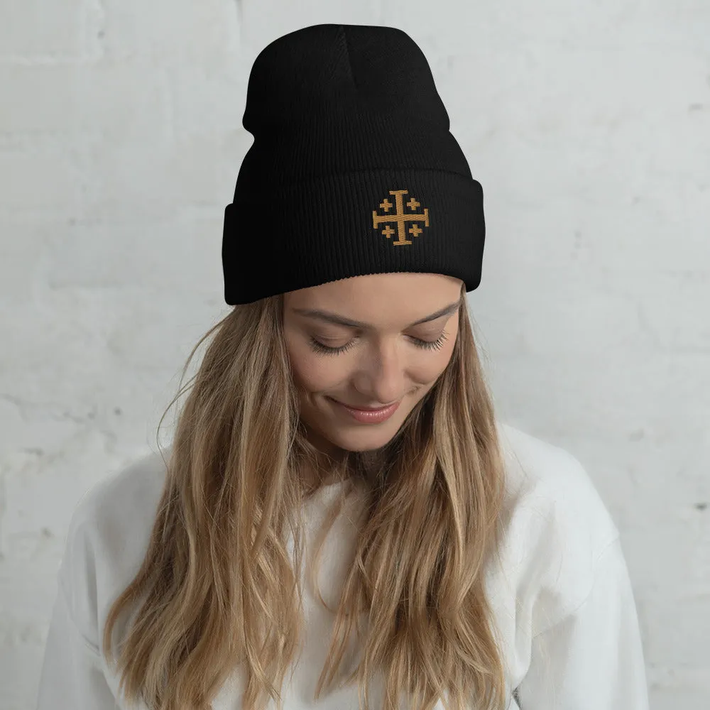 Gold Jerusalem Cross Cuffed Beanie