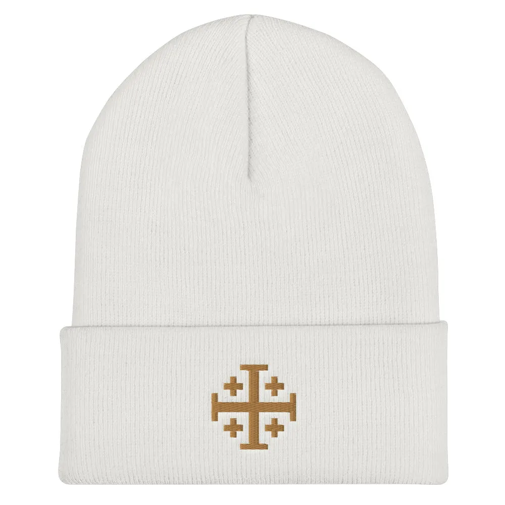 Gold Jerusalem Cross Cuffed Beanie