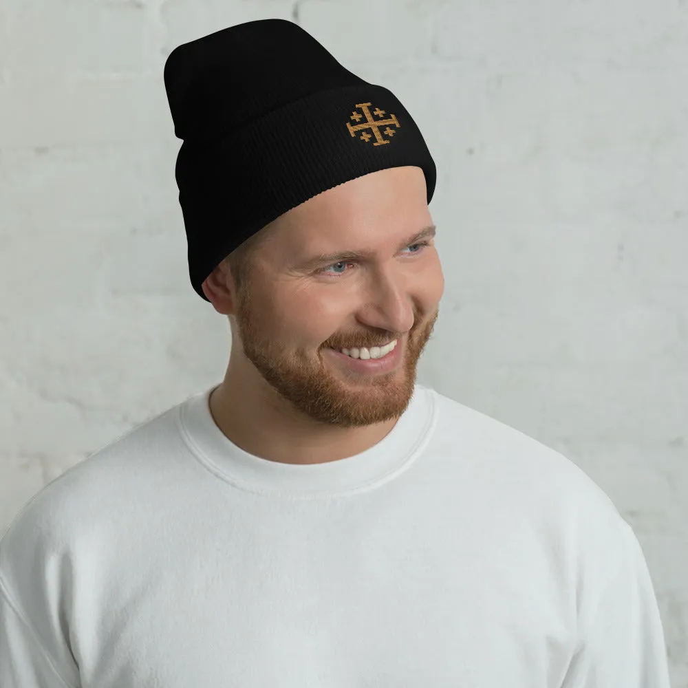 Gold Jerusalem Cross Cuffed Beanie