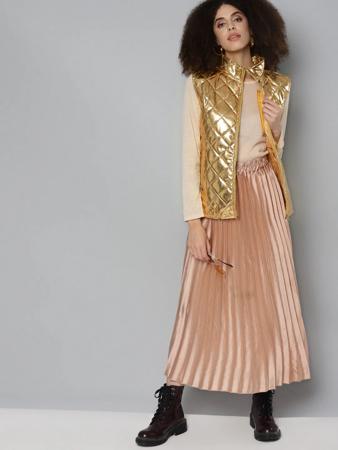 Gold Metallic Sleeveless Puffer Jacket