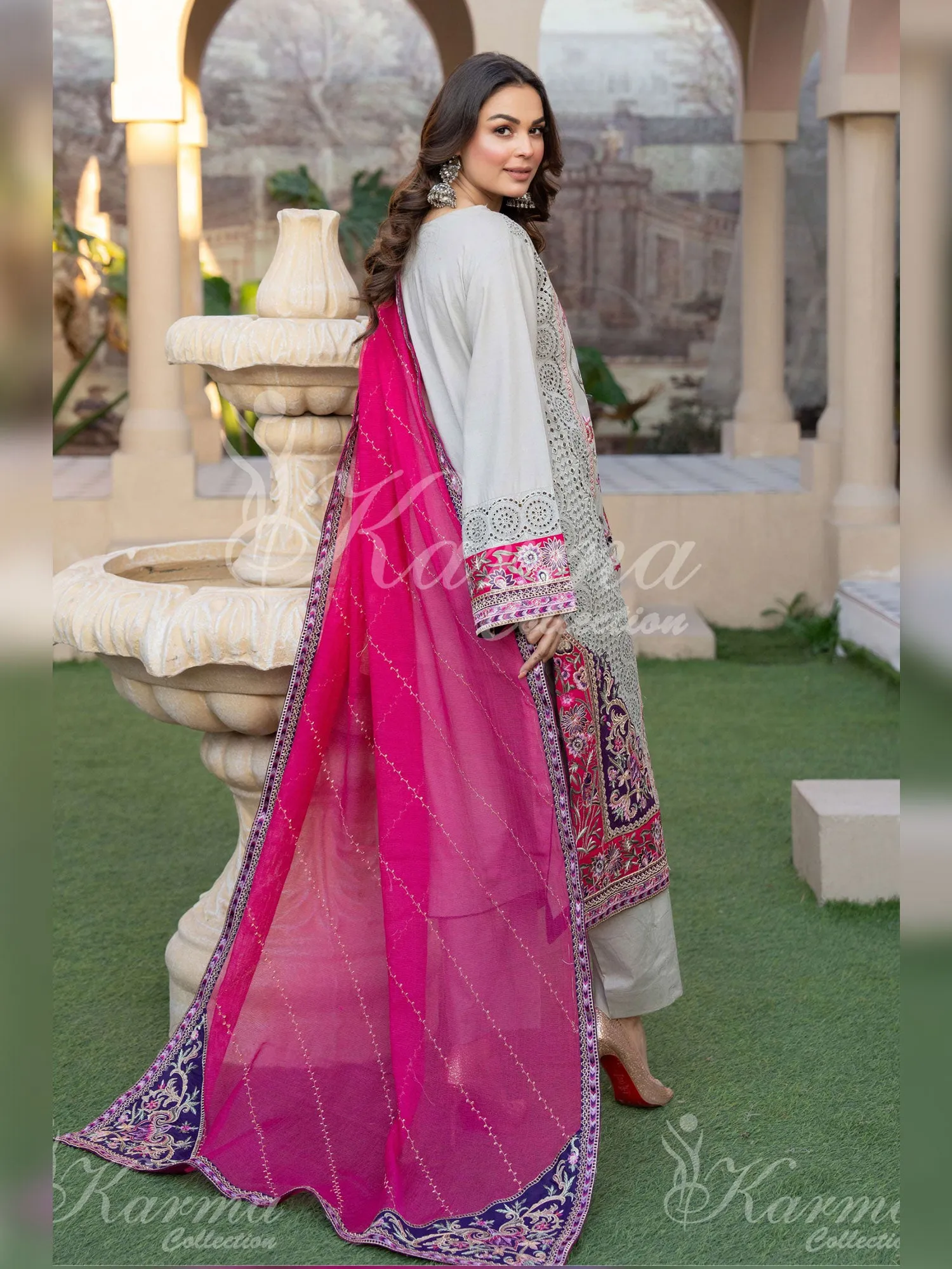 Karma Collection "Naqsh" Cloud Grey Cotton Embroidered Suit (KC1356)