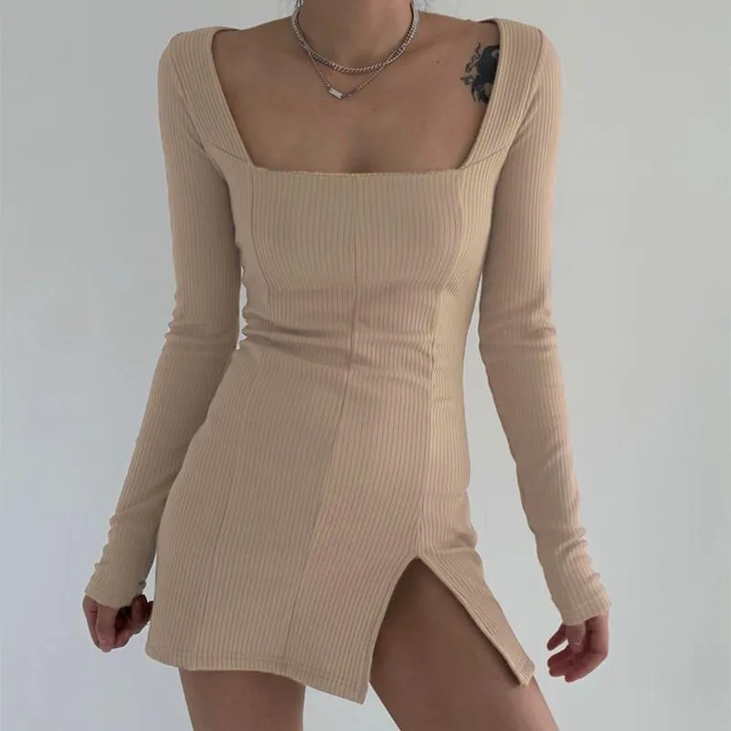 Knit Bodycon Mini Dress with Split Hem