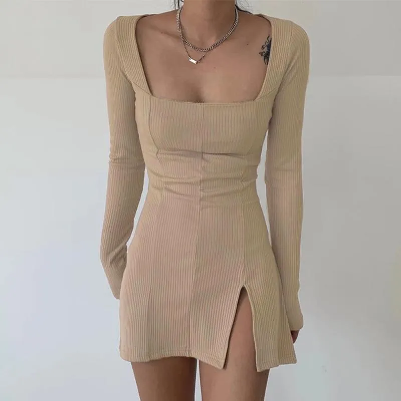 Knit Bodycon Mini Dress with Split Hem