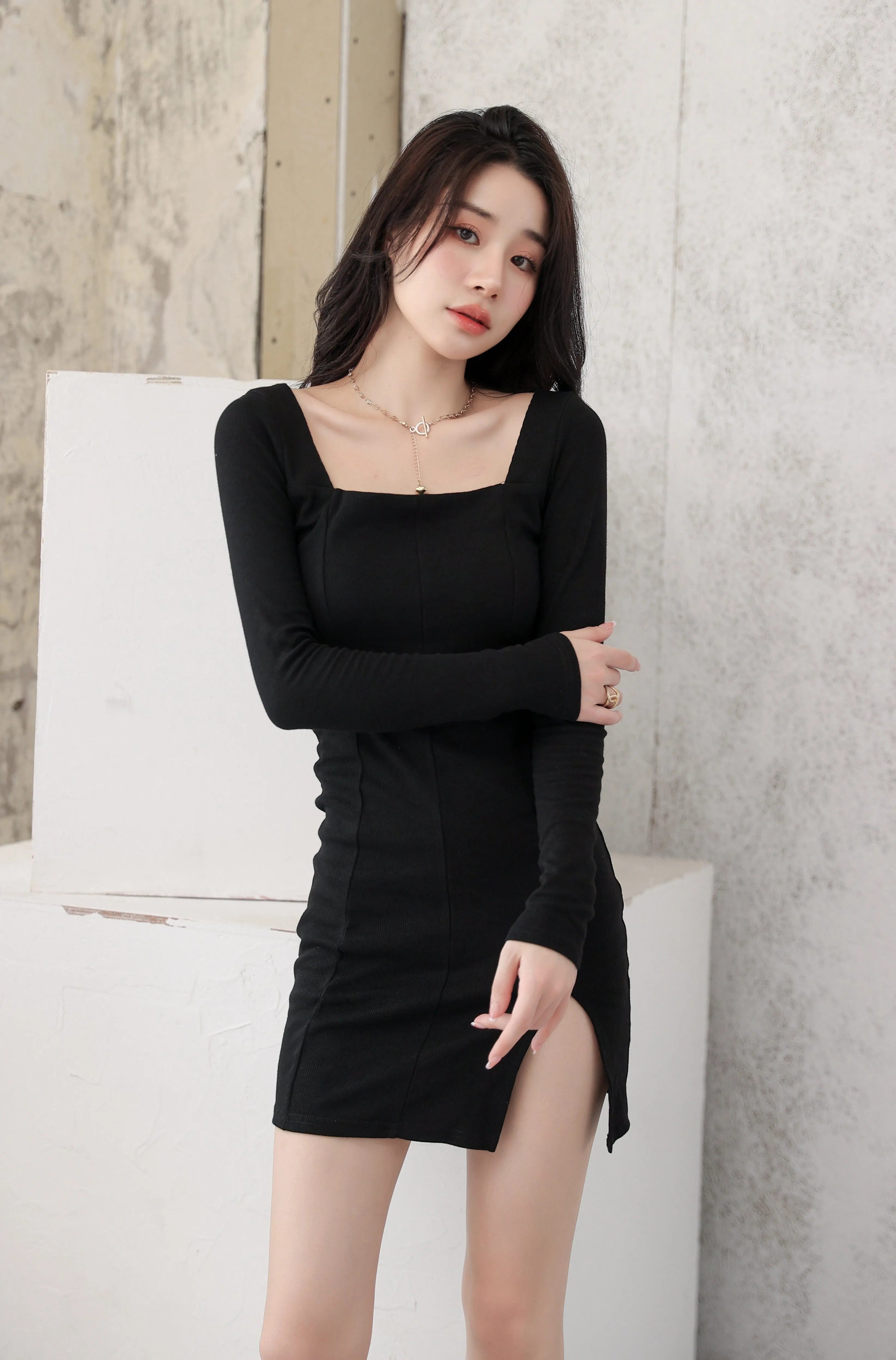 Knit Bodycon Mini Dress with Split Hem