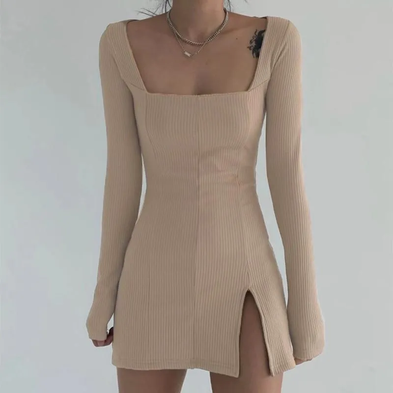 Knit Bodycon Mini Dress with Split Hem