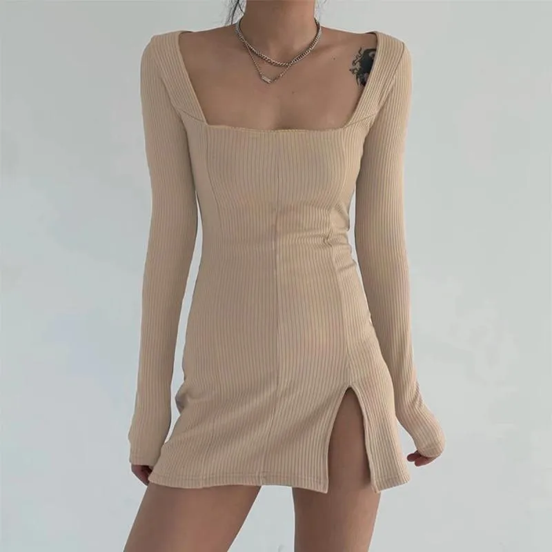 Knit Bodycon Mini Dress with Split Hem