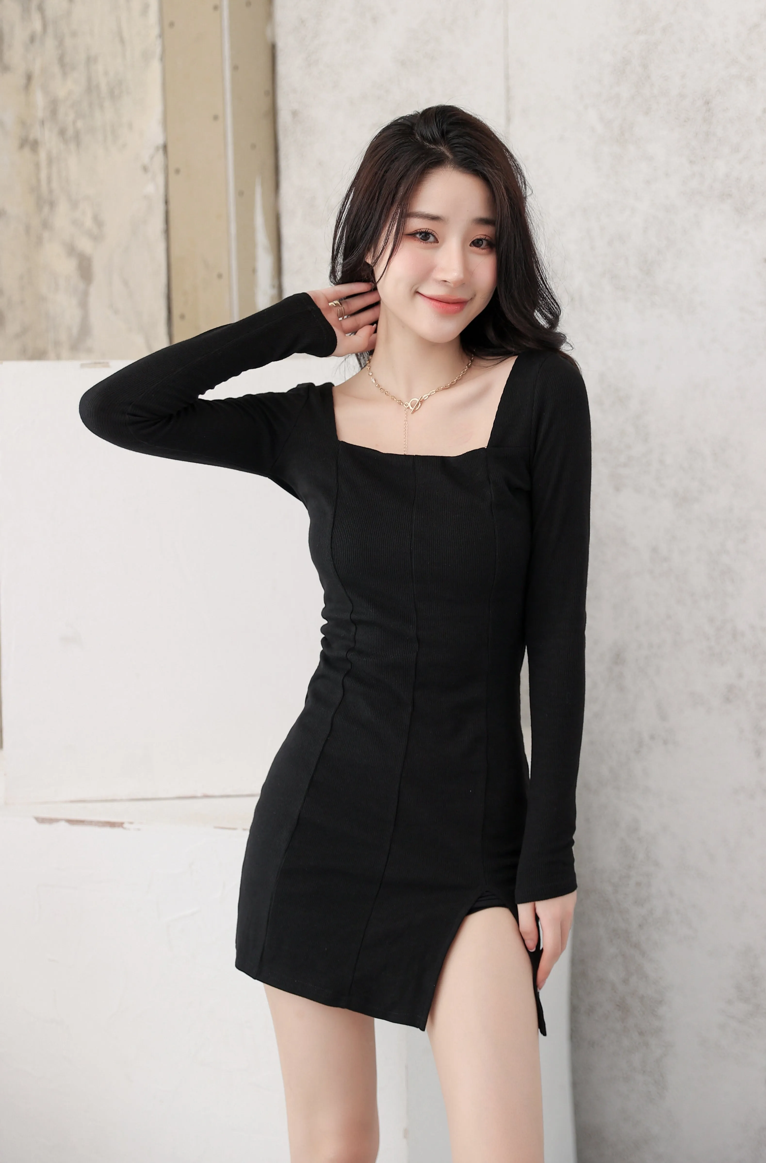 Knit Bodycon Mini Dress with Split Hem