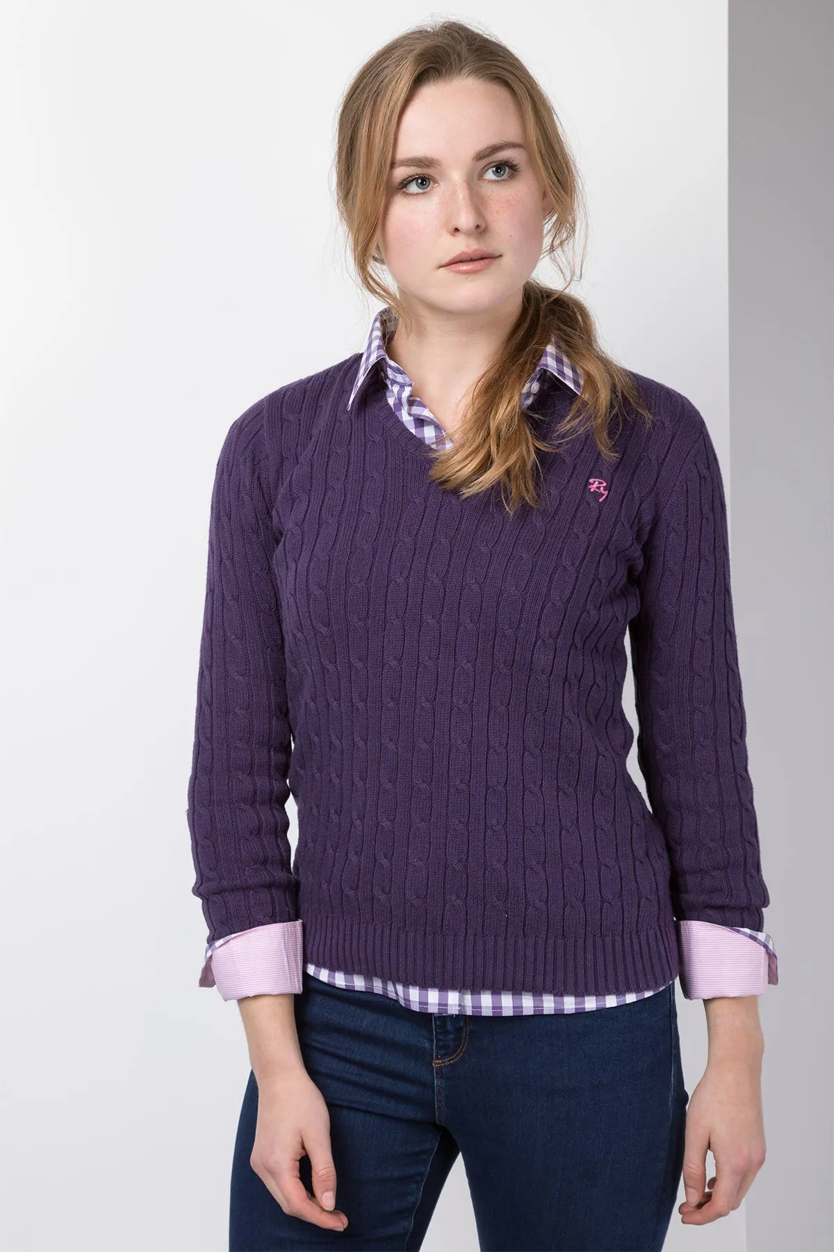 Ladies Cable Knit V Neck Jumper