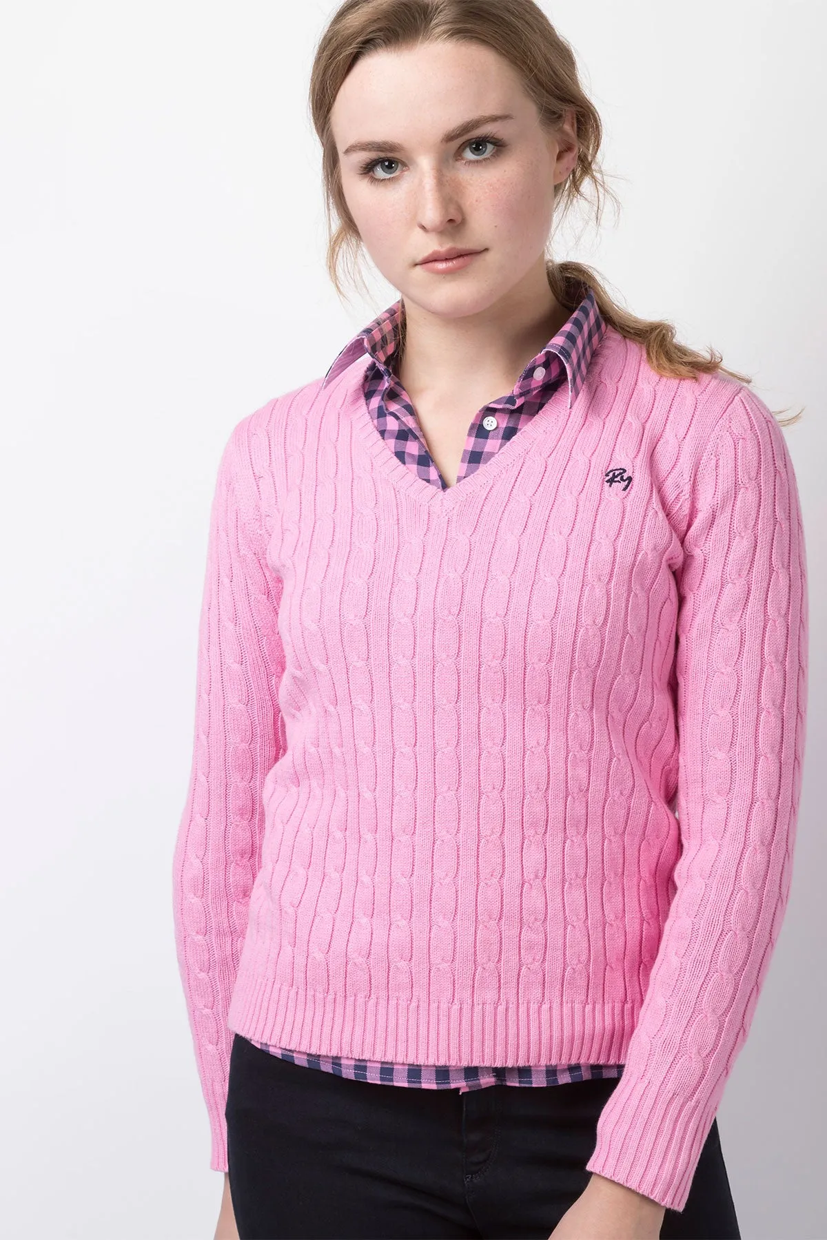 Ladies Cable Knit V Neck Jumper