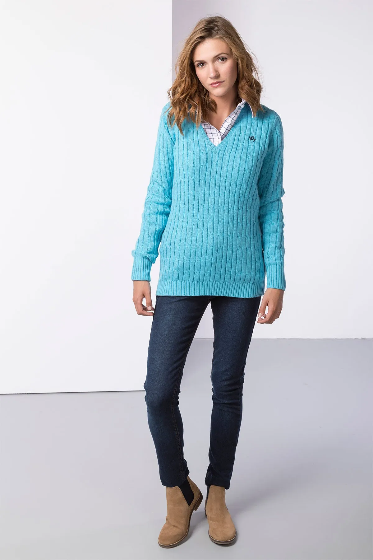 Ladies Cable Knit V Neck Jumper