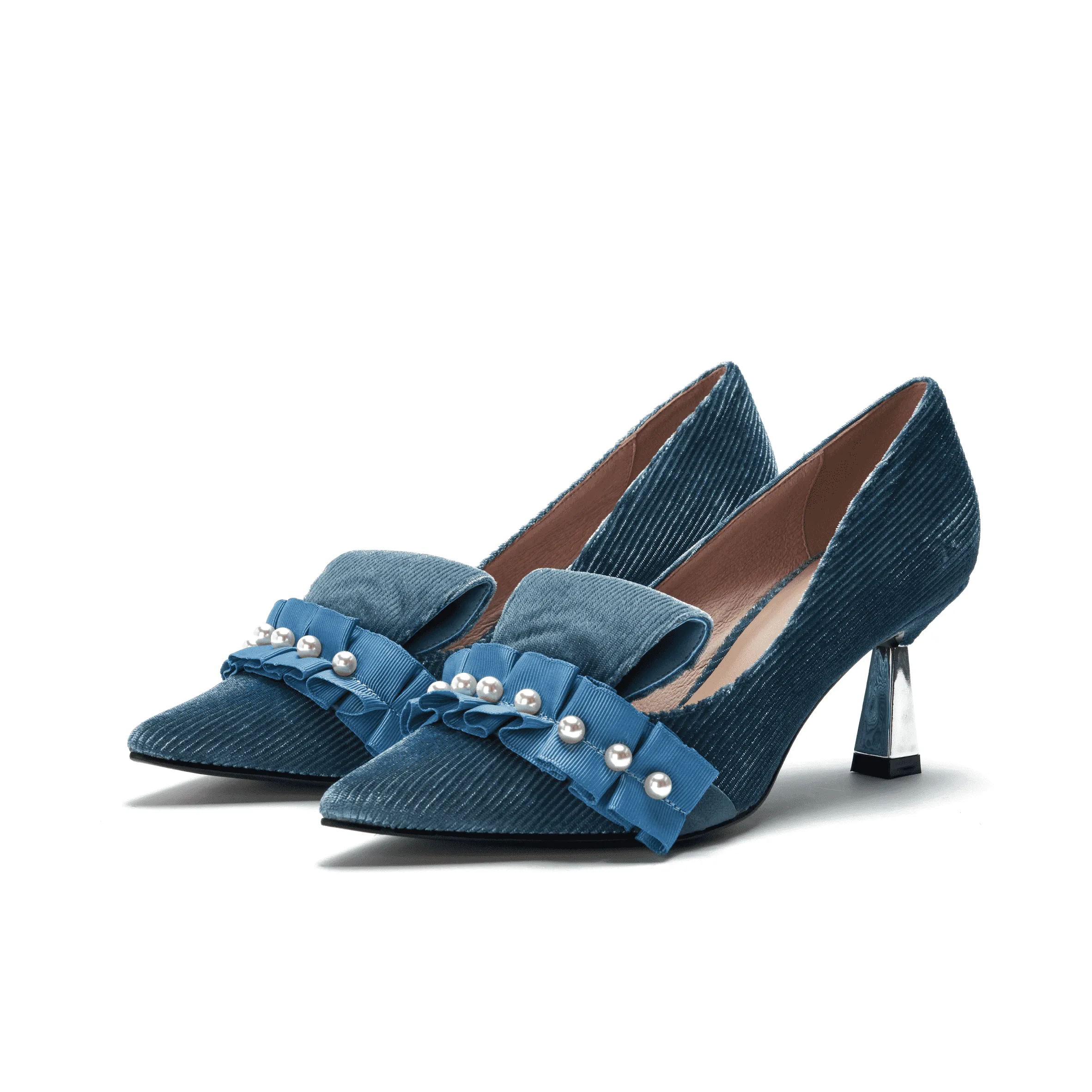 Ladies Pearl Beaded Spool Heel Pumps 5350 Blue