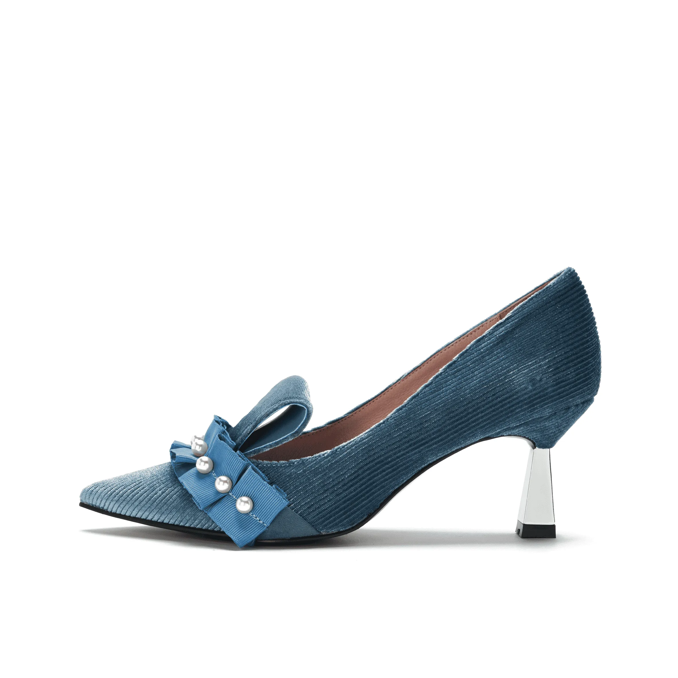 Ladies Pearl Beaded Spool Heel Pumps 5350 Blue