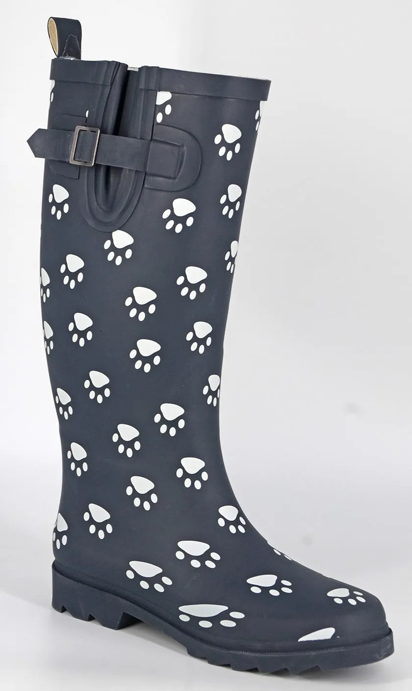 Ladies Wellington Welly Navy Paw Print Rubber 3 to 8