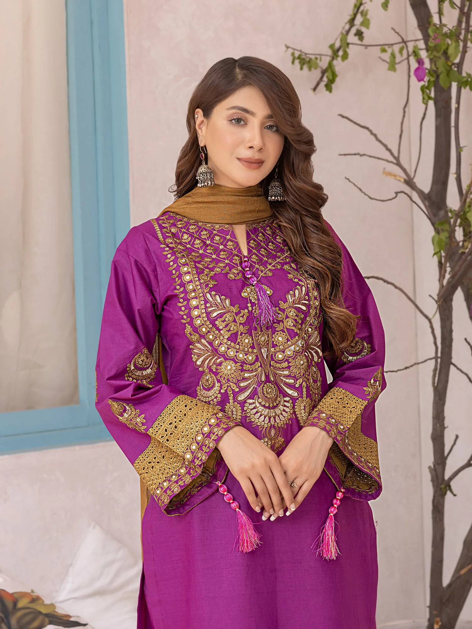 Magenta Embroidered 3-Piece Palazzo Suit