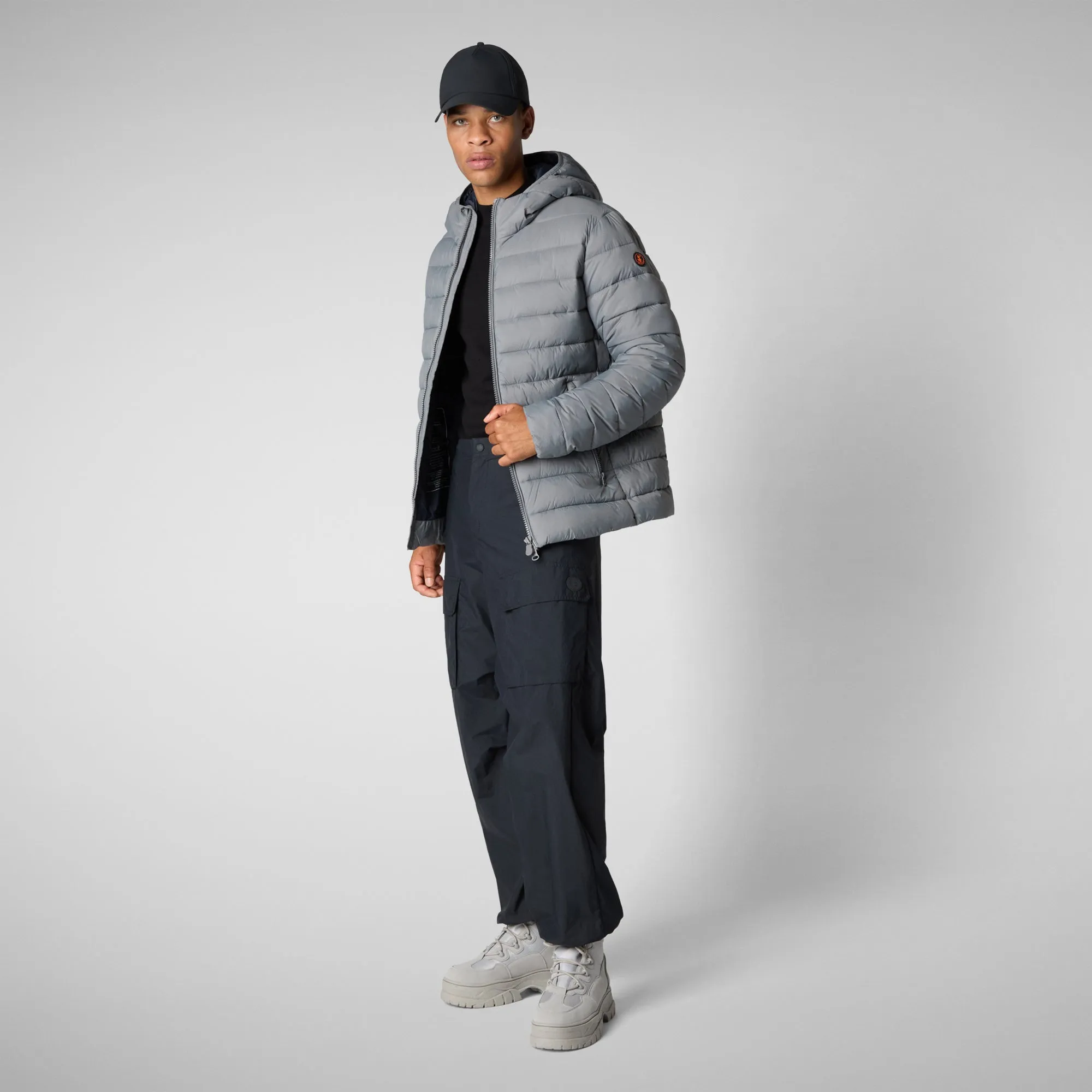 Man's animal free hooded puffer jacket Hector in mid grey