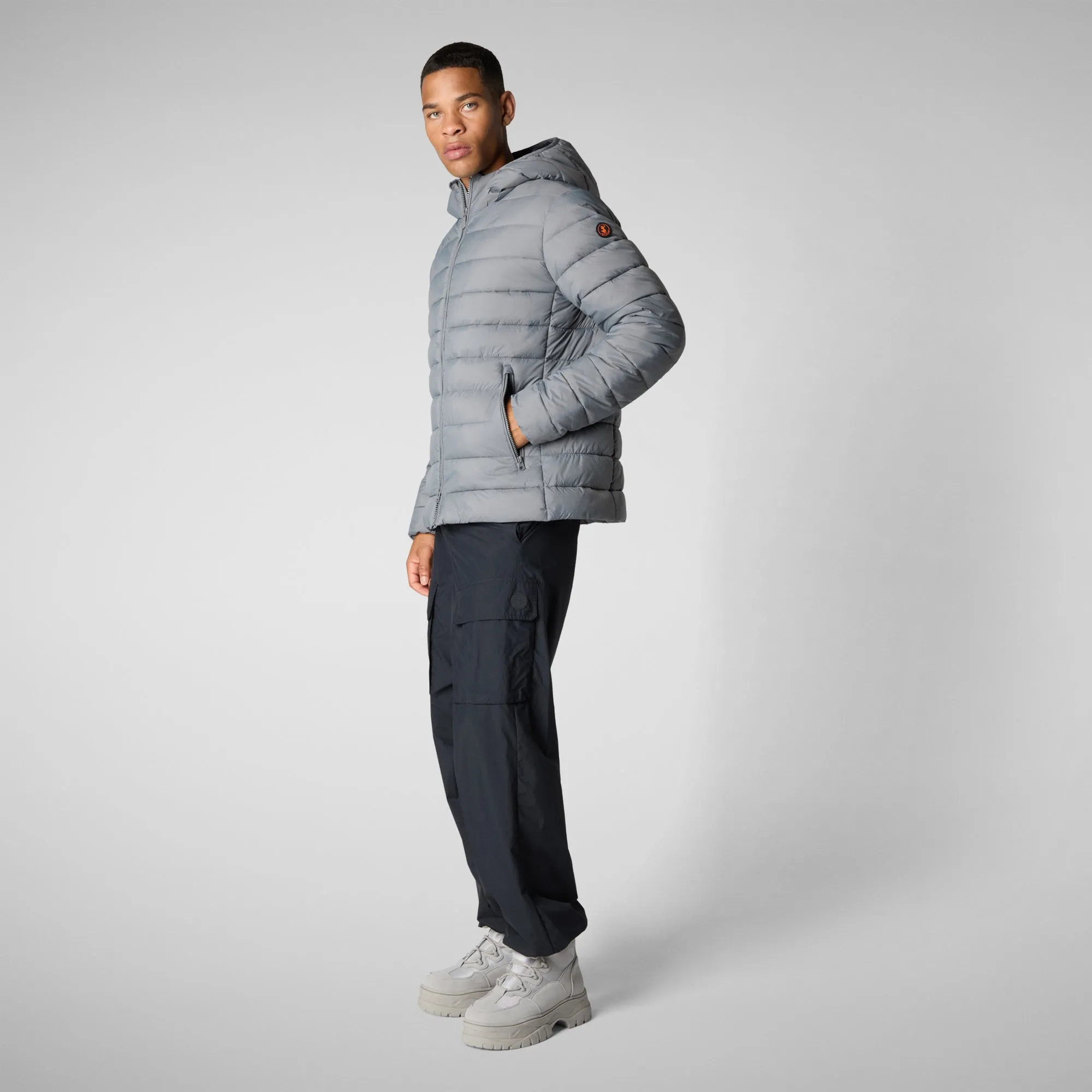 Man's animal free hooded puffer jacket Hector in mid grey