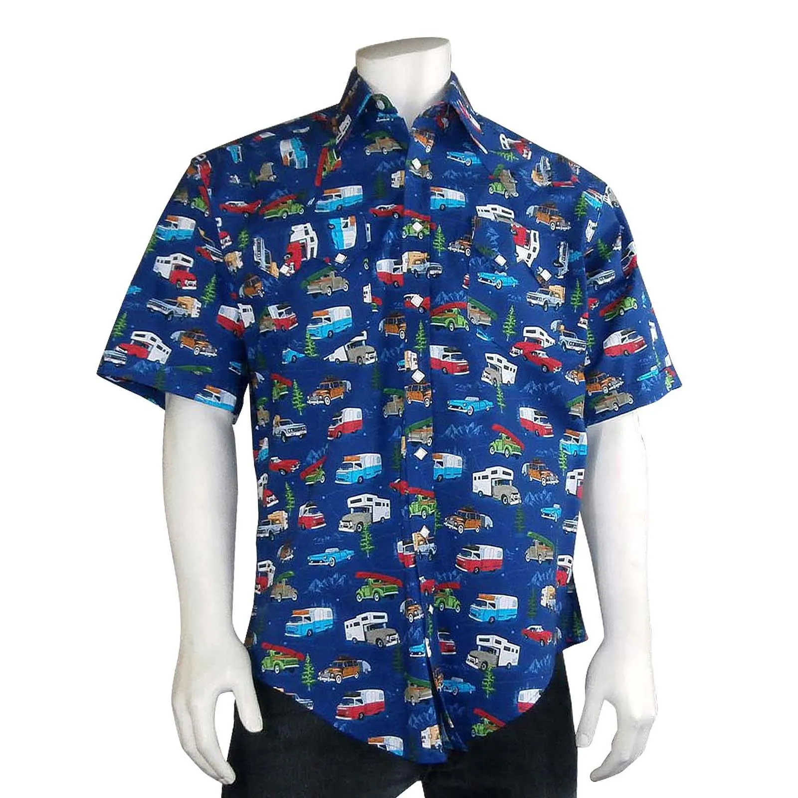 Men’s Retro Campers Print Short Sleeve Western Shirt in Navy