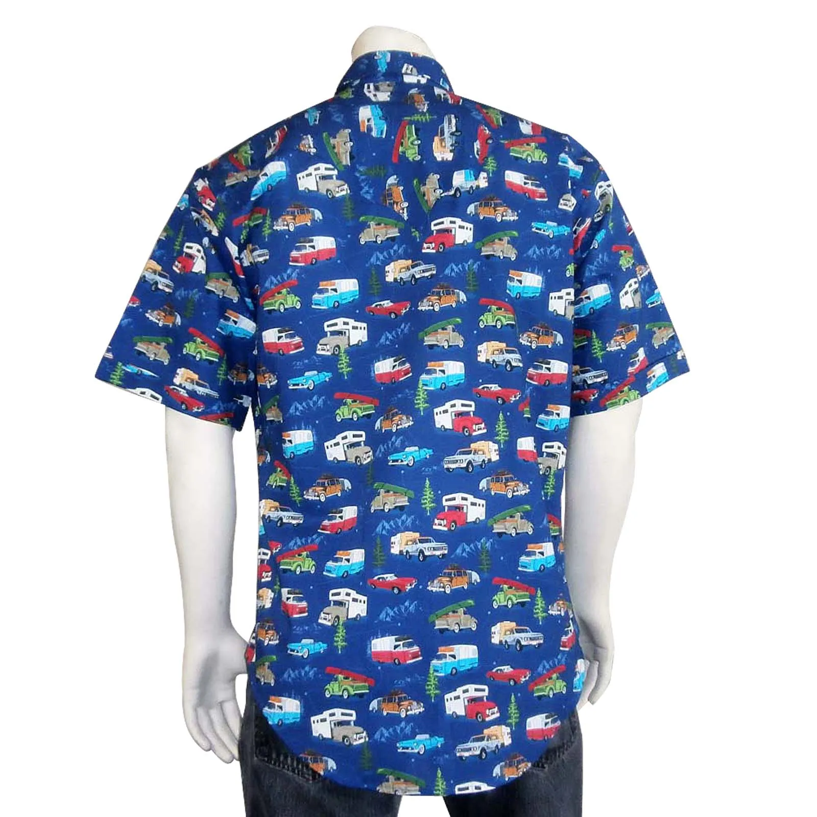 Men’s Retro Campers Print Short Sleeve Western Shirt in Navy