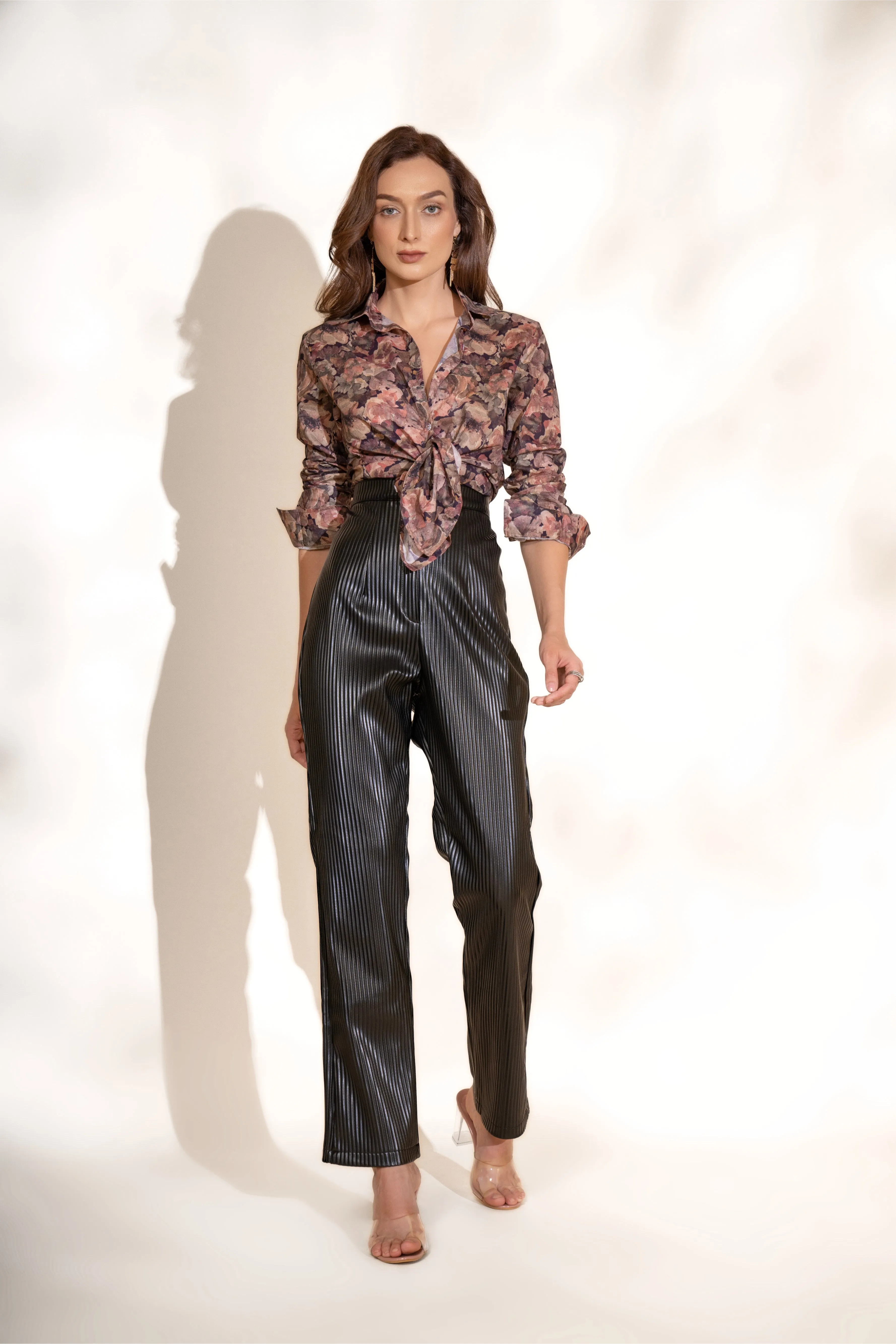 Mulberry Printed Shirt and Black Pleated Pants Co-ord Set