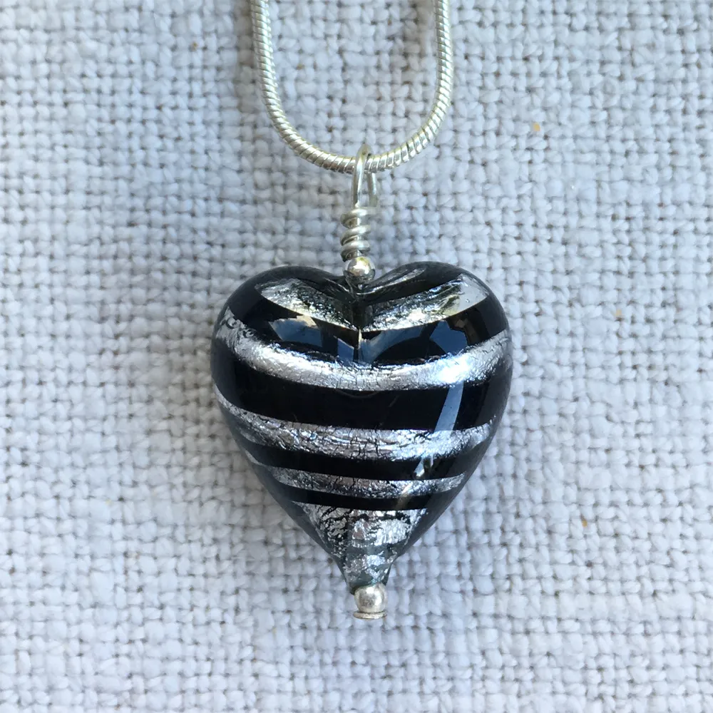 Necklace with black spiral and silver Murano glass medium heart pendant on silver chain