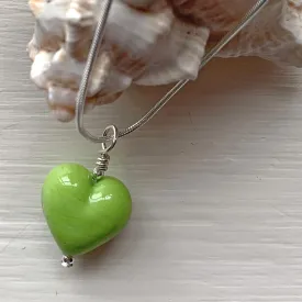 Necklace with green pastel Murano glass small heart pendant on silver snake chain