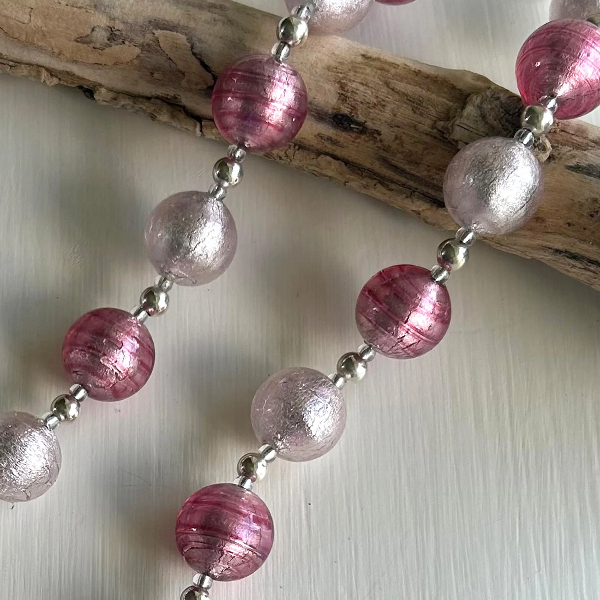 Necklace with light (pale) pink and rose (fuchsia) pink Murano glass small sphere beads on silver