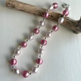 Necklace with light (pale) pink and rose (fuchsia) pink Murano glass small sphere beads on silver