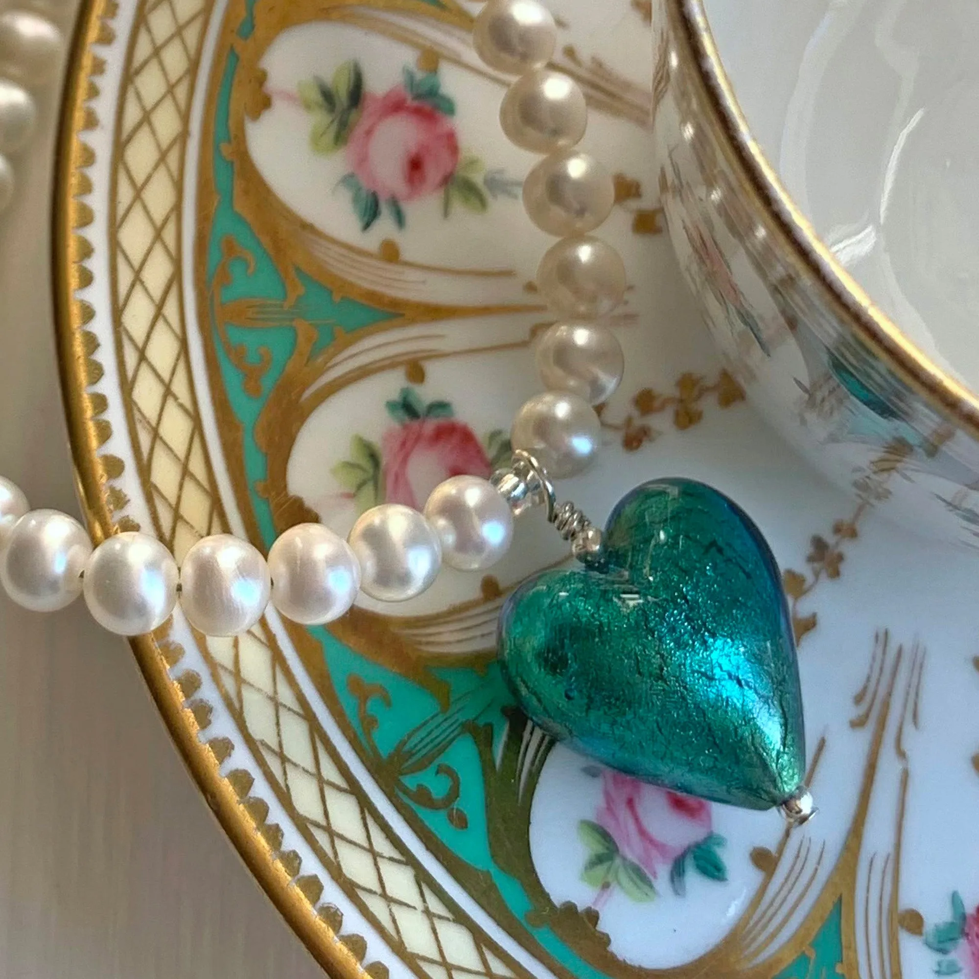 Necklace with sea green (jade, teal) Murano glass medium heart pendant on white pearls