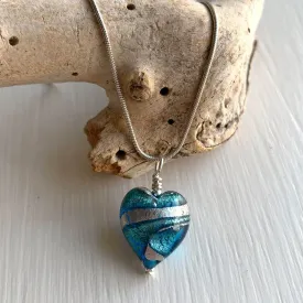 Necklace with turquoise (blue) and teal swirl Murano glass small heart pendant on silver chain