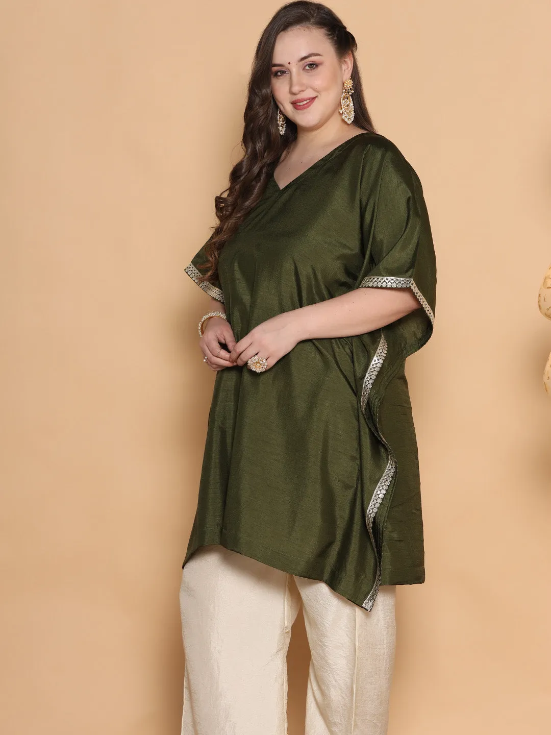 Olive Silk Embellished Kaftan Kurta