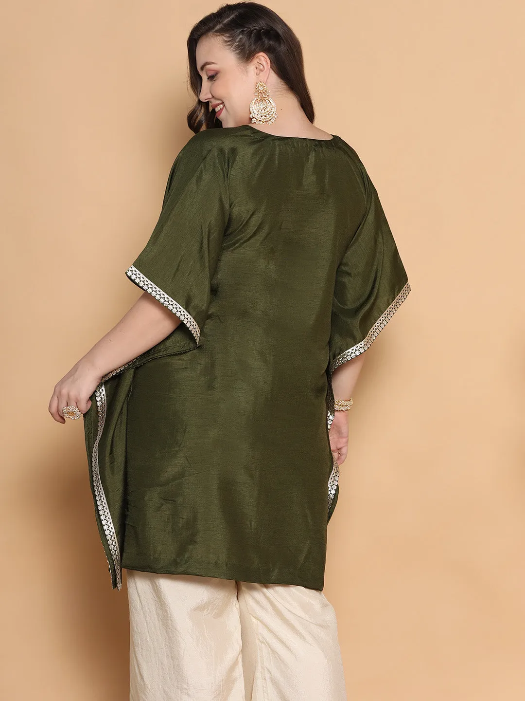 Olive Silk Embellished Kaftan Kurta