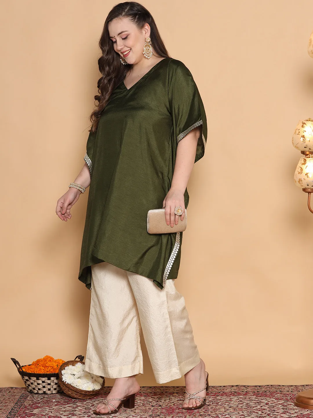 Olive Silk Embellished Kaftan Kurta