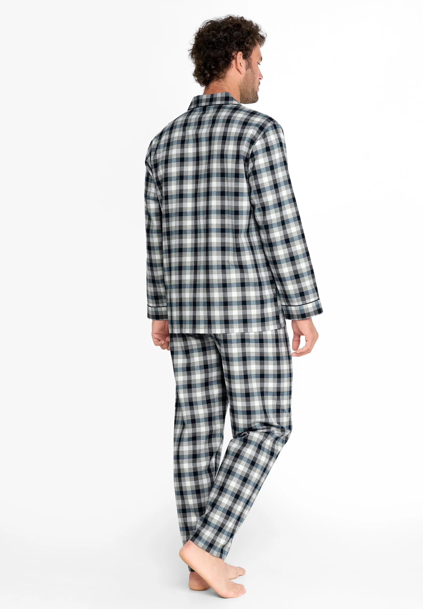 Pijama Hombre Invierno Largo Solapa Franela Cuadros - Gris 2909_20