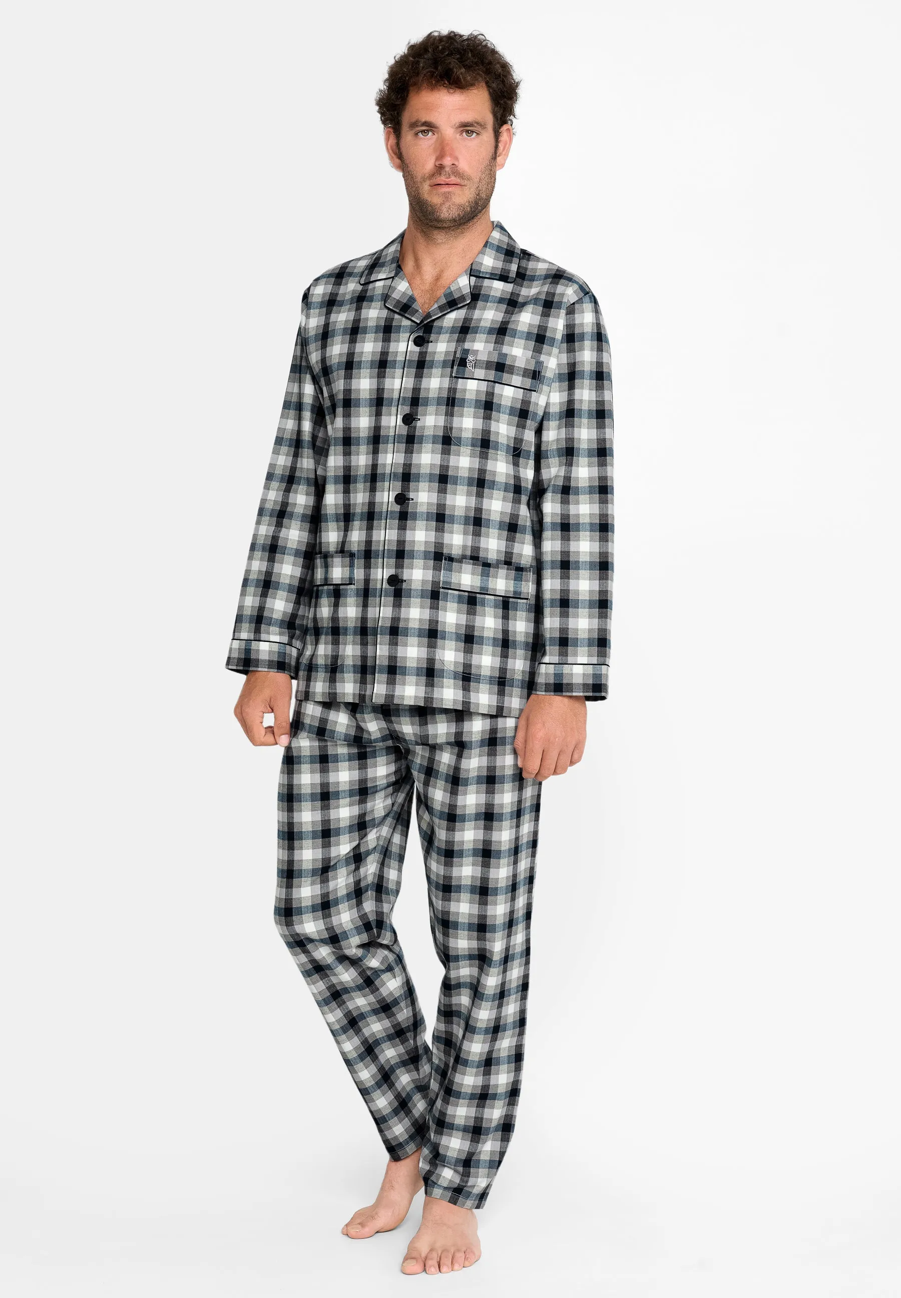 Pijama Hombre Invierno Largo Solapa Franela Cuadros - Gris 2909_20