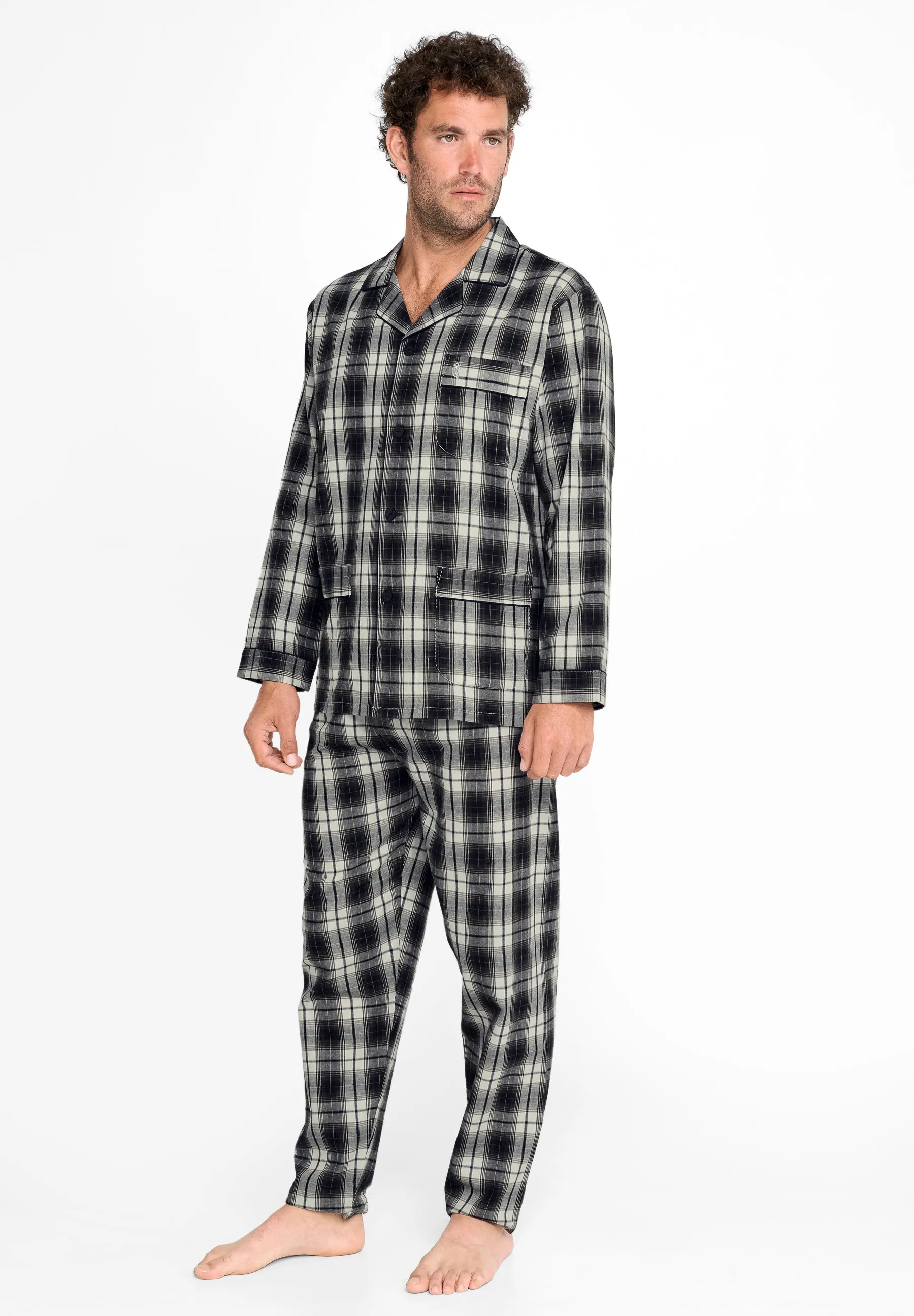 Pijama Hombre Invierno Largo Solapa Franela Cuadros - Gris 2911_22