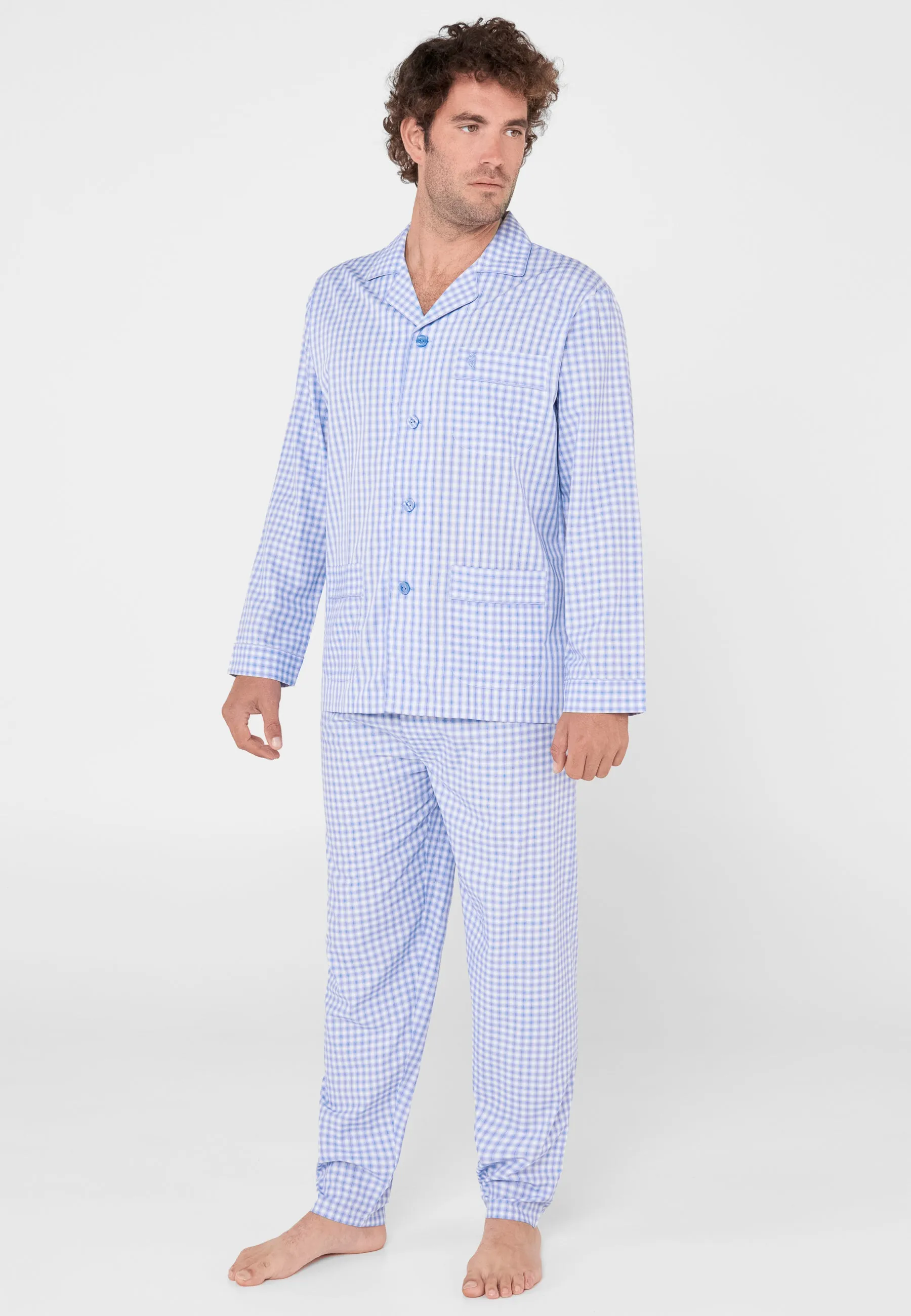 Pijama Hombre Largo Premium Solapa Bambú Cuadros - Azul 2708_36