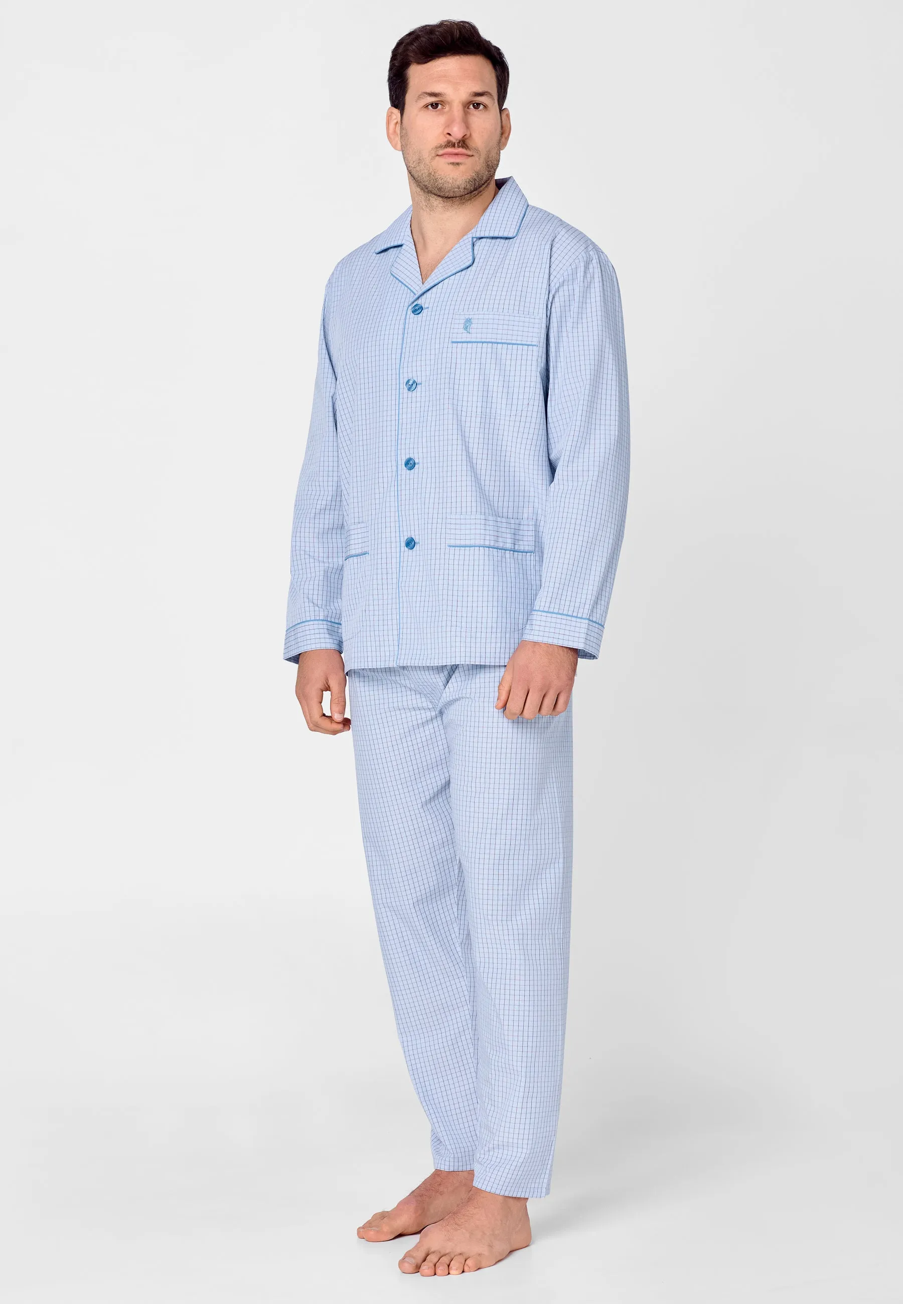 Pijama Hombre Largo Premium Solapa Popelín Cuadros - Azul 2711_30