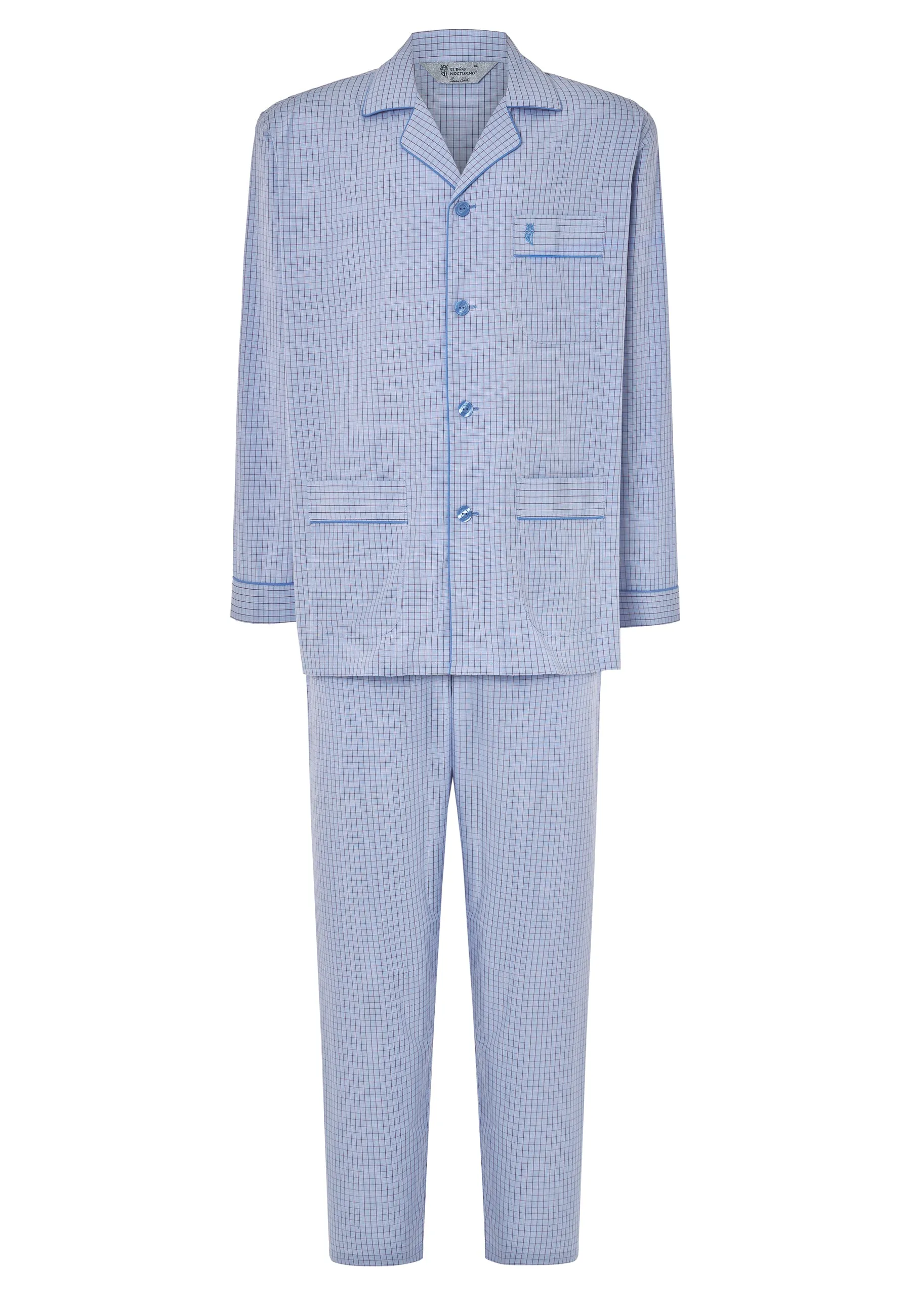 Pijama Hombre Largo Premium Solapa Popelín Cuadros - Azul 2711_30