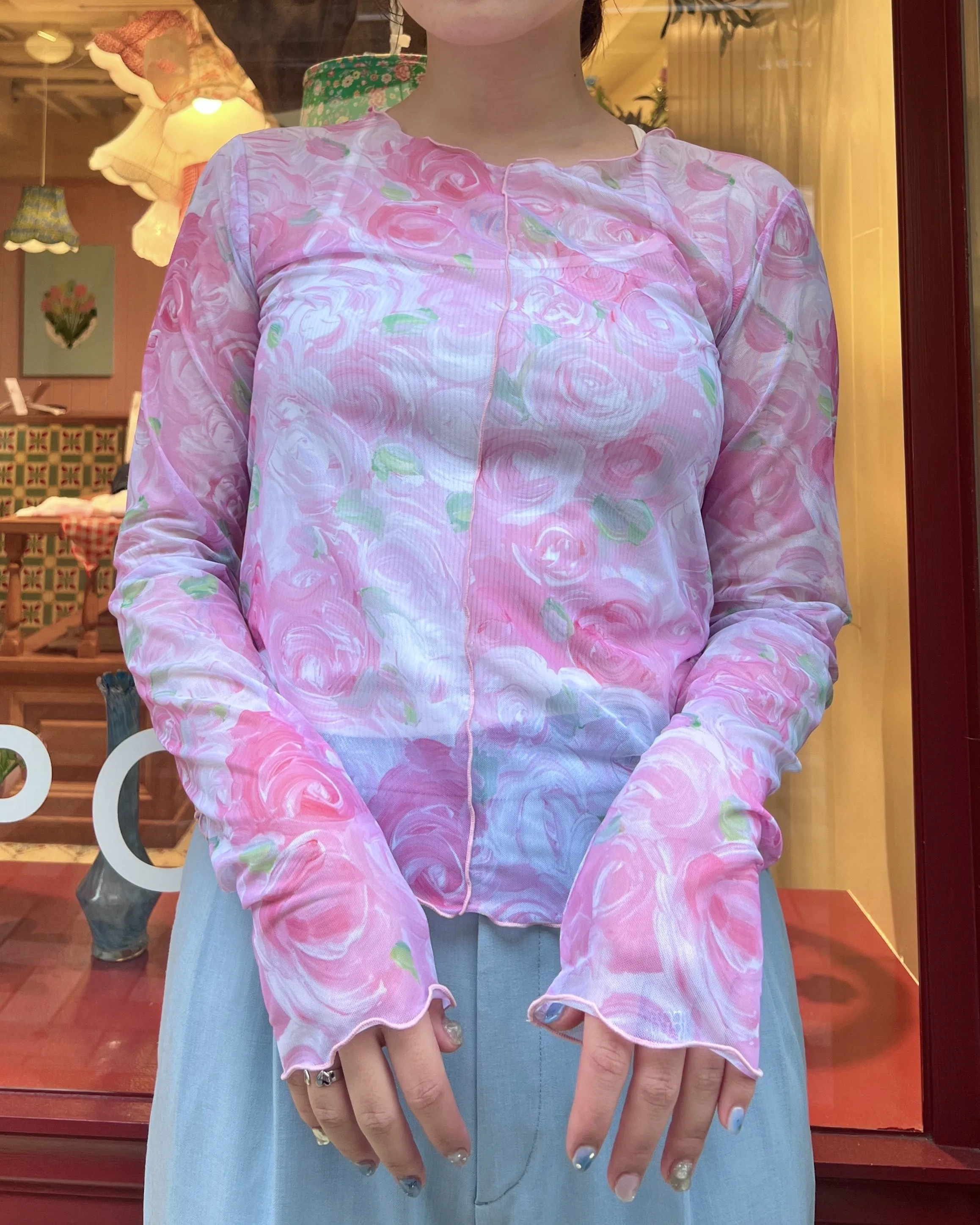 Pink rose flower see-through tops