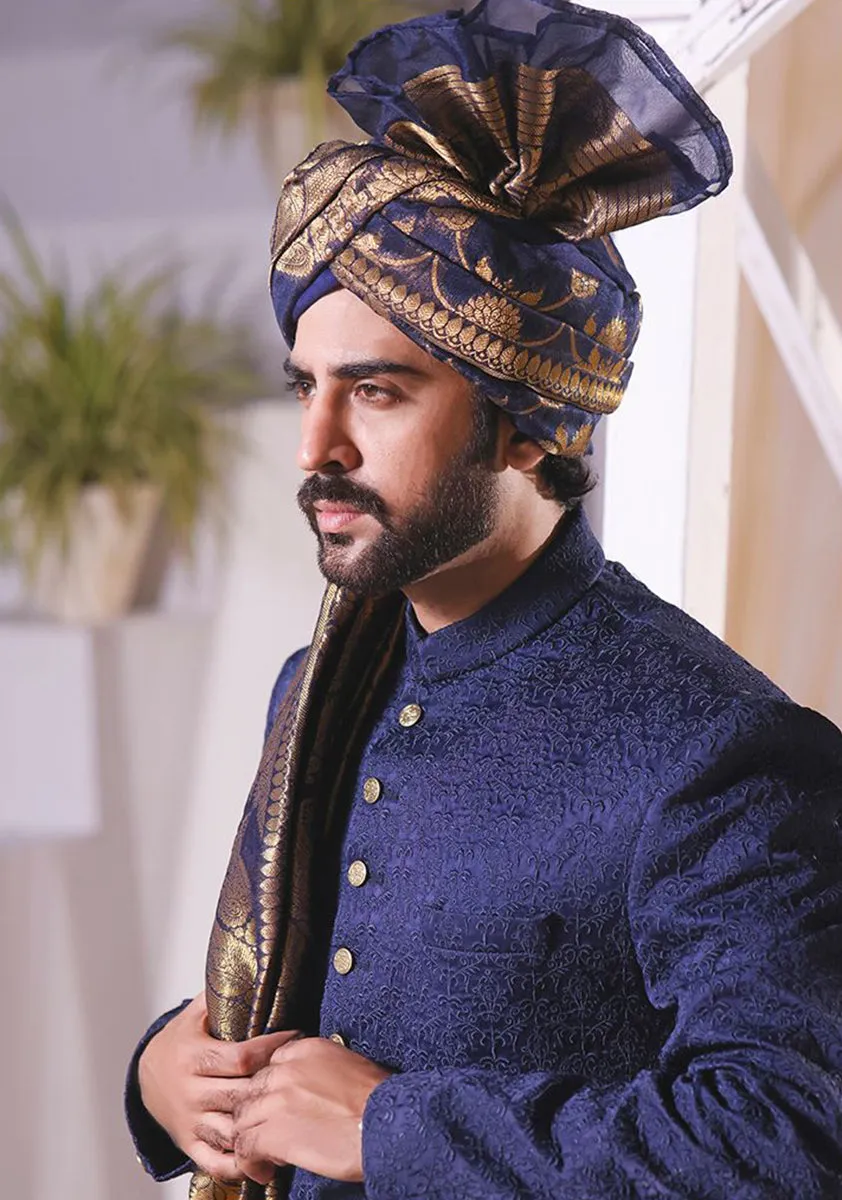 Premium Satin Navy Blazer Classic Fit Embroidered Sherwani