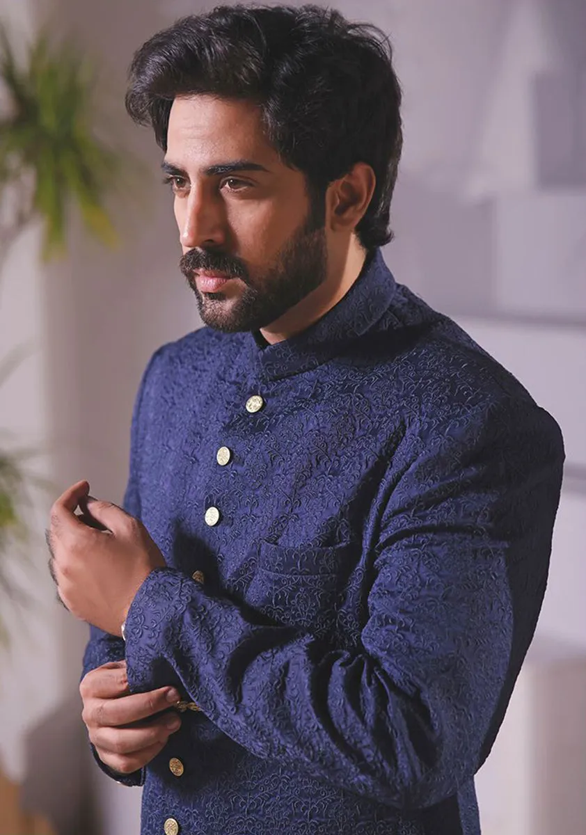 Premium Satin Navy Blazer Classic Fit Embroidered Sherwani