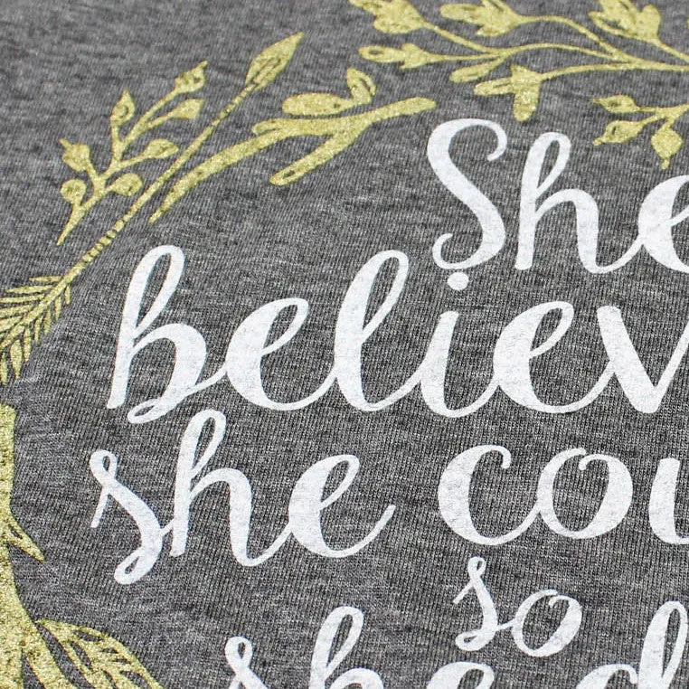 "She Believed She Could, So She Did" design printed on a Flowy Raglan Tee