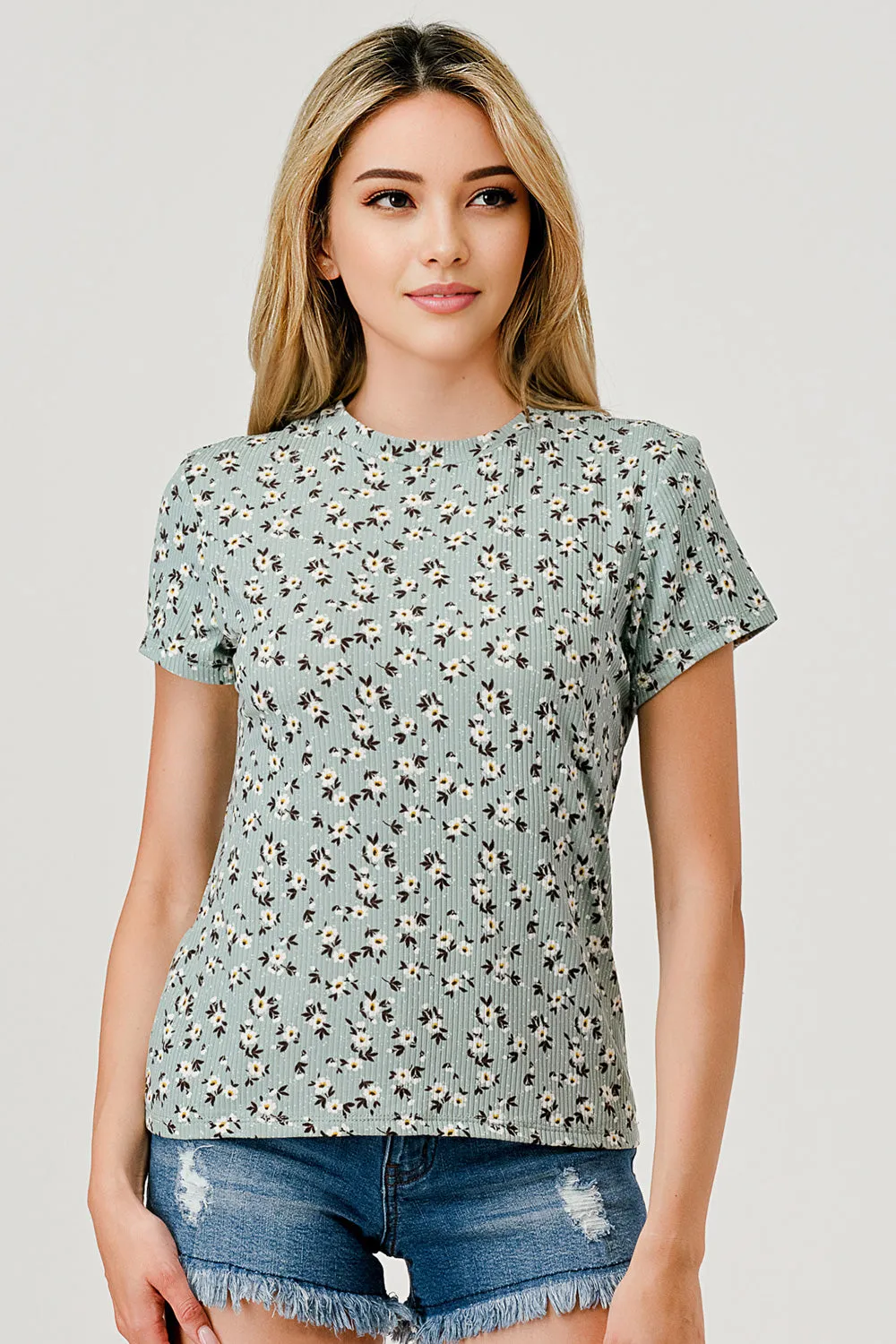 Rib Knit Printed Short Sleeve Tops - Sage Floral