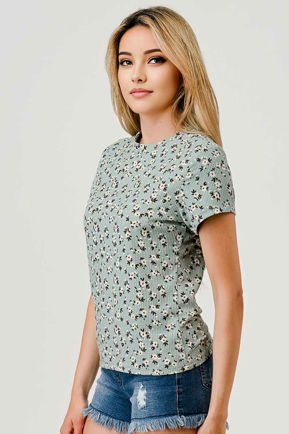 Rib Knit Printed Short Sleeve Tops - Sage Floral