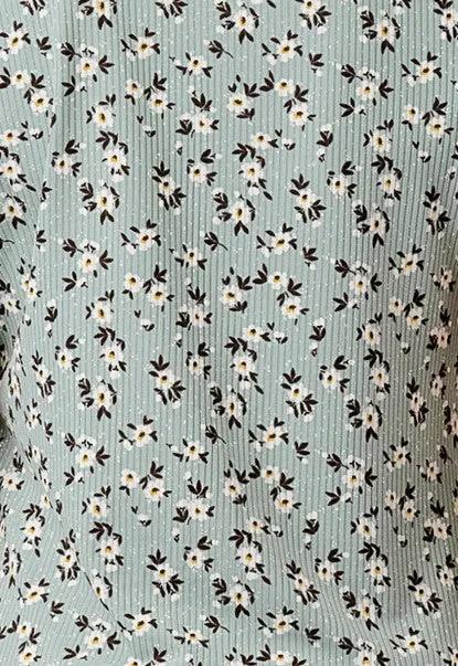 Rib Knit Printed Short Sleeve Tops - Sage Floral