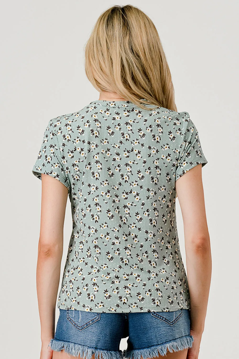 Rib Knit Printed Short Sleeve Tops - Sage Floral