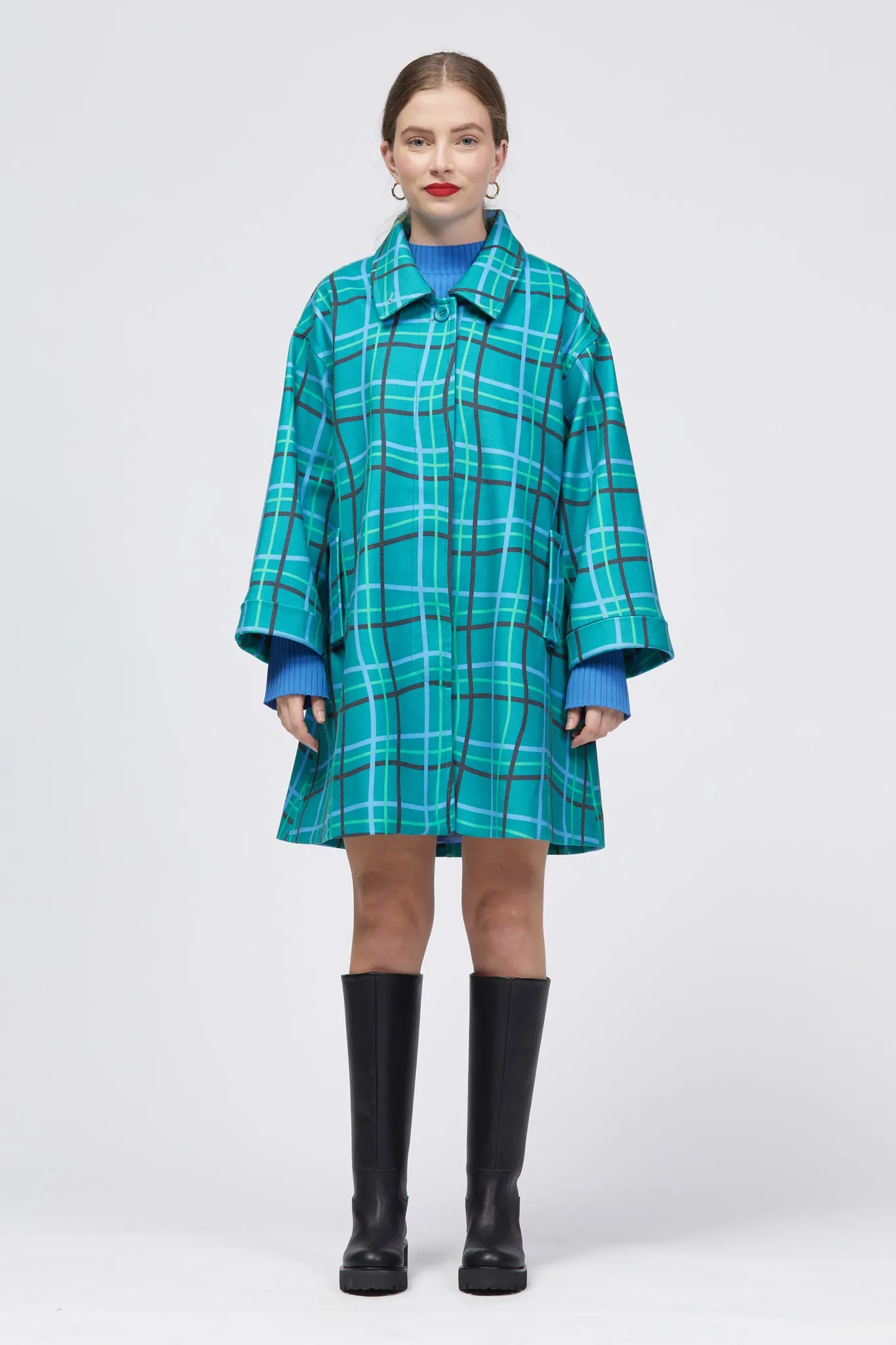 Rohsska Coat Green/Blue Warped Check Print